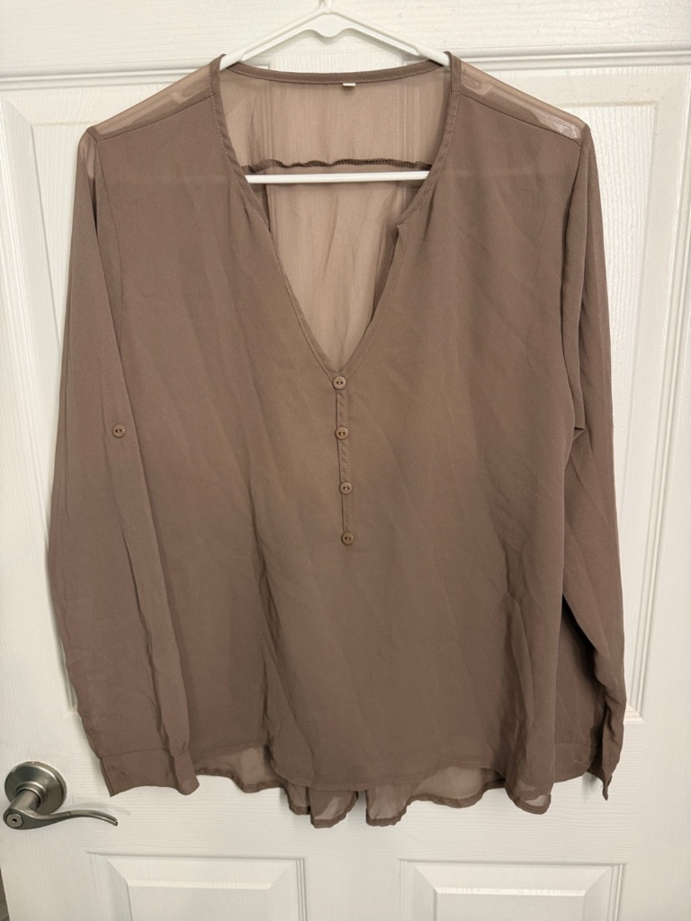 Lightweight Taupe Long-Sleeve V-Neck Blouse